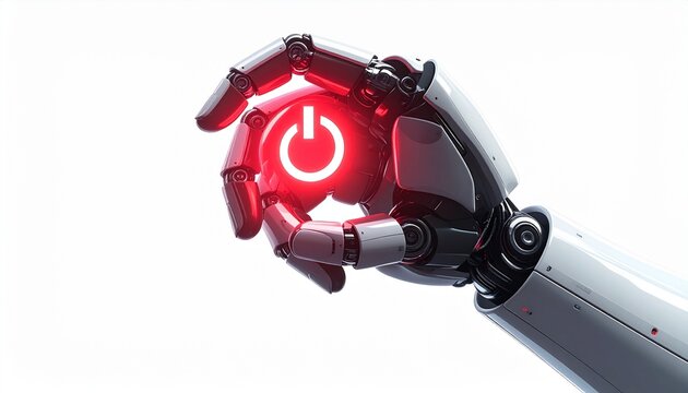 A robotic hand holding a glowing power button, symbolizing control and technology