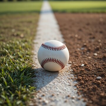 Baseball resting on the edge of a grassy field near the pitcher&rsquo;s mound. basball