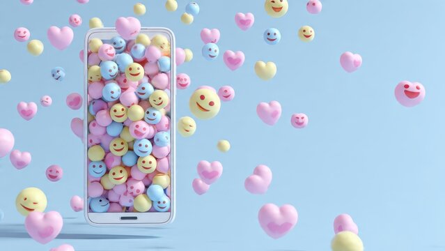 Pastel 3D emojis and hearts overflowing from a smartphone on a light blue background, depicting social media, online connection, and digital happiness.