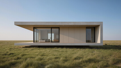 A modern minimalist structure with large glass windows and a flat roof sits in a vast open grassy field under a clear blue sky