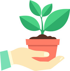 A gentle hand cradling a vibrant green potted plant, symbolizing care, growth, and environmental sustainability in a simple flat design illustration, representing new beginnings and prosperity