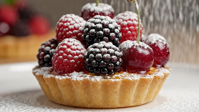 Delicious fruit tart with powdered sugar being sprinkled on top sweet dessert 4k video