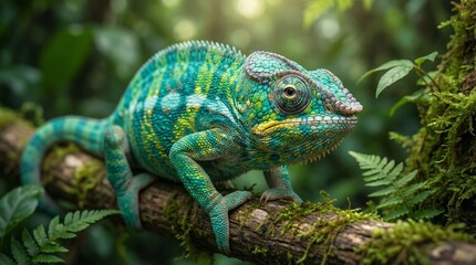 Fototapeta premium Vibrant turquoise and yellow chameleon lizard clings tightly to a mossy branch in lush rainforest.