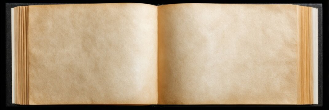 Wide open book showing blank parchment pages on black backing