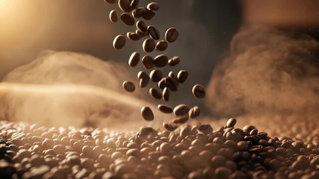 Falling roasted coffee beans create a dynamic and aromatic scene.