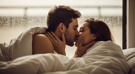 Deeply Romantic Morning Kiss: Couple Cuddling in Bed Under Soft Light with Rain Outside, Capturing Profound Love and Unguarded Intimacy