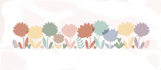 Fototapeta premium Pastel floral border with simple flat flowers. Decorative spring garden element. Vector illustration