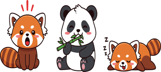 Cute Red Panda and Panda Cartoon Character Set Featuring Eating Bamboo, Sleeping and Surprise Expressions in Adorable Kawaii Animal Vector Illustration Collection © Nazrul