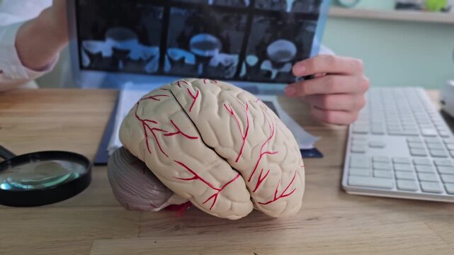 Doctor examines brain model while reviewing patient scans in clinic