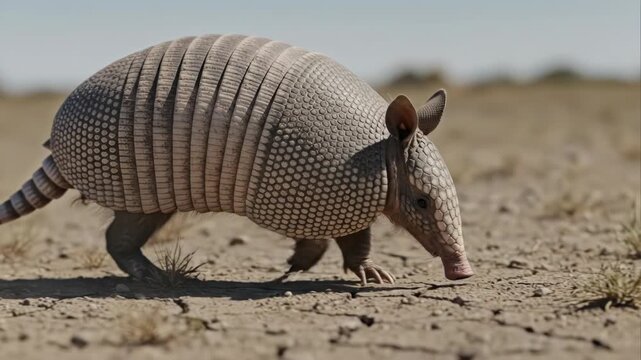 Nine-banded armadillo walking in its natural desert habitat.