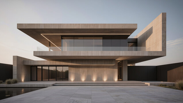 Modern building exterior showcasing concrete panels large glass windows a cantilevered balcony with a railing and a ground-level patio with a water feature