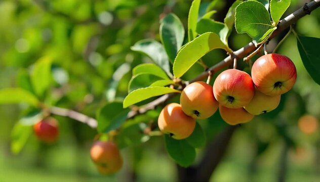 A kei apple tree with clusters of small round orange fruits hanging on leafy branches in a sunny orchard 