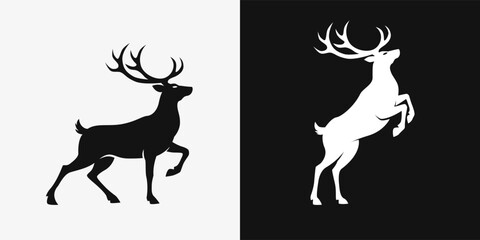 Stag and Deer Silhouette Logo Set, Jumping and Standing Reindeer Icon in Black and White Monochrome Style