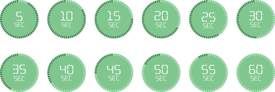 A modern collection of green circular digital timers displaying seconds from five to sixty