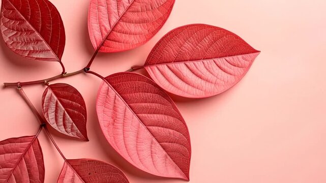 Close-up of vibrant red leaves on a branch, set against a soft pink background.