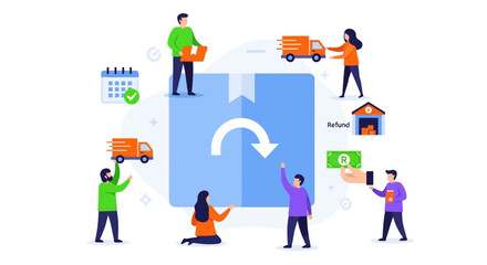 E-commerce Product Return and Refund Process Illustration. Online Shopping Customer Service, Exchange Policy, and Logistics System Concept.