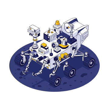 Isometric Robotic Rover Exploring a Dark Blue Extraterrestrial Surface with Various Scientific Instruments Mounted on Its Chassis and Multiple Articulated Arms for Sample Collection and Analysis