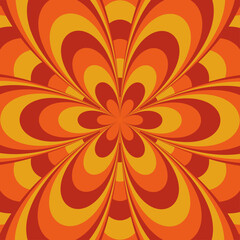 Psychedelic retro pattern in Y2K style. Repeating groovy background with orange flowers in a trendy 1980s design. Cute hippie vector illustration in terracotta tones.