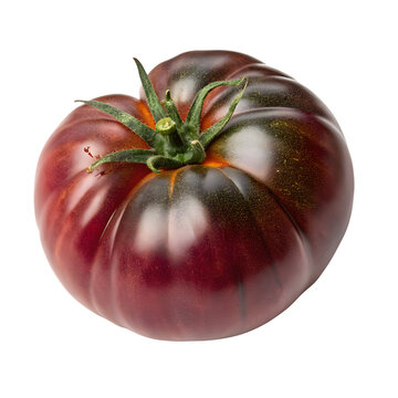 Large heirloom purple tomato with dark skin and green sepals isolated on transparent background for culinary design
