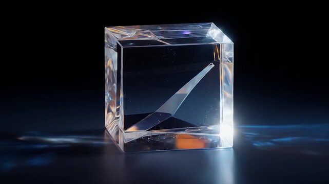 Transparent cube with internal reflections against black background