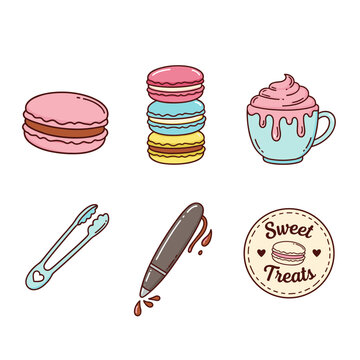 Sweet treats collection featuring french macarons a cup of hot cocoa with cream tongs a chocolate pen and a bakery seal stamp logo