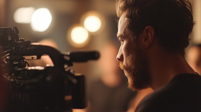 Filmmaker works on set with camera and lights during evening shoot in studio