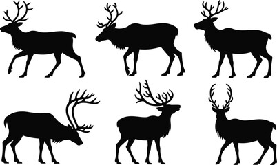Six black silhouette reindeer with antlers standing in different poses on a white background © Frd Art