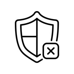 Shield icon with error cross symbol isolated vector security protection fail warning sign