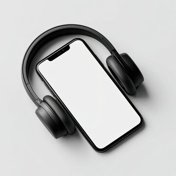 A black smartphone rests beside black, over-ear headphones, isolated on a light gray surface