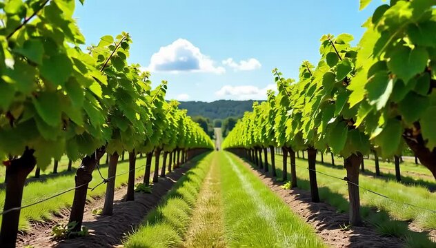 A kiwi orchard with rows of vines supported by trellises under a clear blue sky 