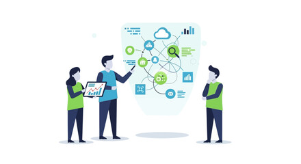 Team collaborating on a complex business strategy diagram.