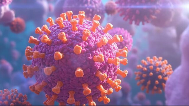 Colorful digital illustration of a virus in a microscopic view.