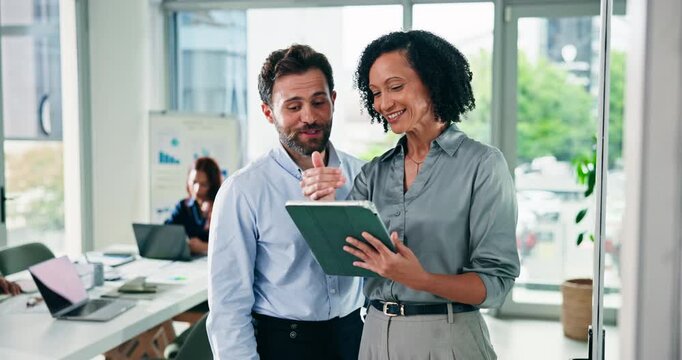 Collaboration, feedback and tablet with business people in office for meeting, discussion or planning. Conversation, advice or review with employee and manager in workplace for project management