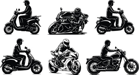 Motorcycle rider silhouette vector set, scooter sport bike and cruiser biker collection black and white transport illustration isolated dynamic design © Md
