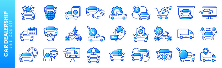 Thin line icons of car dealer. Automotive industry, auto sale dealership, vehicle trade center linear symbols, transportation insurance vector set. Rental service, road support, automobile repair shop © redgreystock