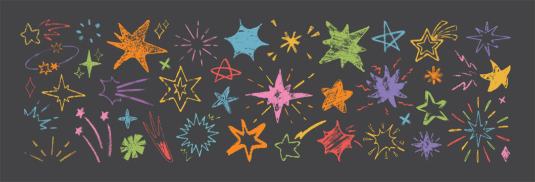 Hand drawing colorful crayon stars on blackboard. Vector illustration of doodle holiday fireworks, sparks, starburst, childish pattern chalk design elements. Sketch sparkle icons or shooting comets
