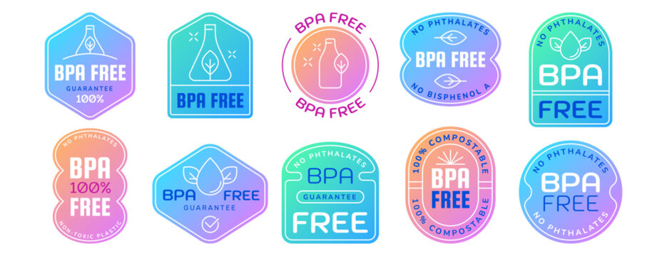 Bpa free guarantee gradient badge logo set. No bisphenol a and phthalates symbols for safety or healthy. Eco friendly product label design with water drop and leaves icons. Non toxic plastic stamps