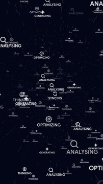 Flying through a space tunnel of artificial intelligence process words and icons. Vertical 3D animation of ai machine learning, data analyzing, thinking, generating and optimizing concepts. Tech loop.