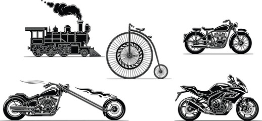 Vintage and modern transport vector illustration set, steam train penny farthing bicycle classic chopper and sport motorcycle line art collection © Md