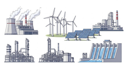 Diverse energy sources - Power plants, wind turbines, solar panels, and hydroelectric dams.