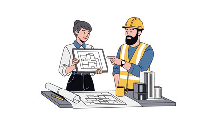 Architects discussing building plans and blueprints on a table.