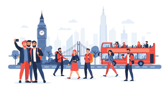 Tourists taking photos in London with iconic landmarks and red bus.