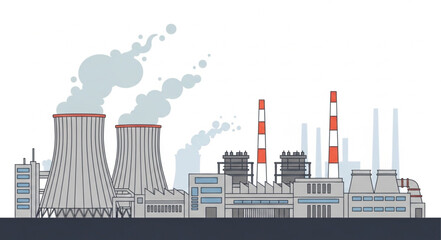 Obraz premium Industrial power plant with cooling towers and smokestacks against the sky.