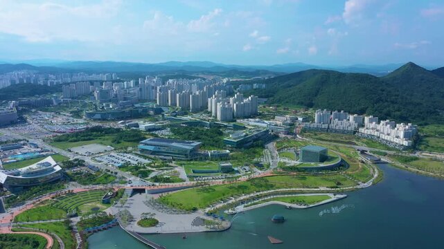 aerial view of the city, building of city, bridge of city