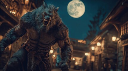 Fototapeta premium Fierce Werewolf Under Moonlit Nightscape