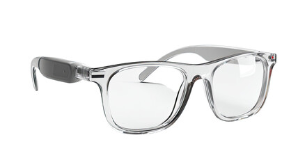 Transparent smart eyewear with clear frame and integrated side module shown in detailed angled view isolated on white background