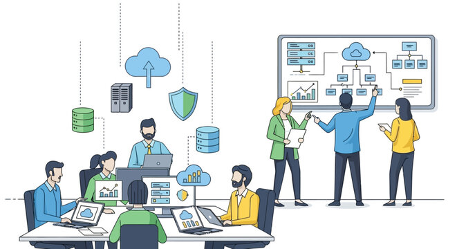 Team of IT professionals collaborating on cloud computing and data management.