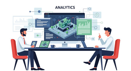 Two businessmen collaborating on data analytics project at a modern office desk.