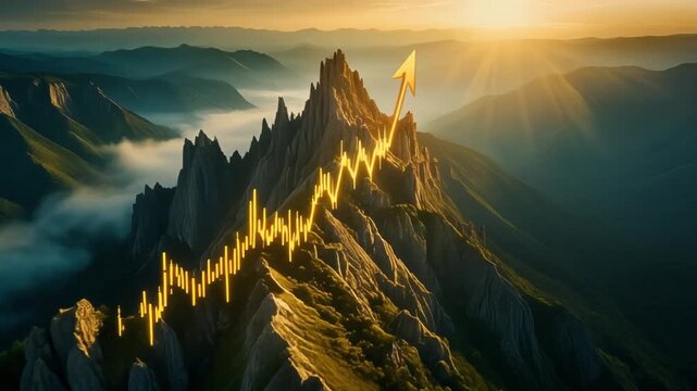 Glowing golden stock market graph rising above majestic mountain peaks at sunrise. Financial growth, investment success, and bullish trend concept.