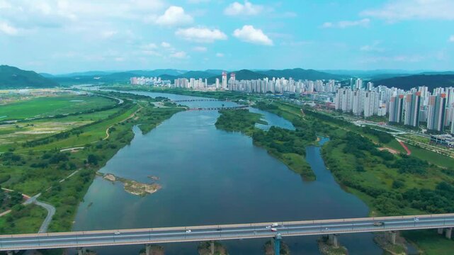 aerial view of the city, building of city, bridge of city